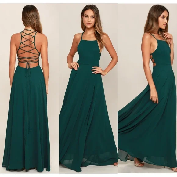 chinese dress ladies Forest Green Lace Long Dress With V Neck And Lace Up Open Back main image 1
